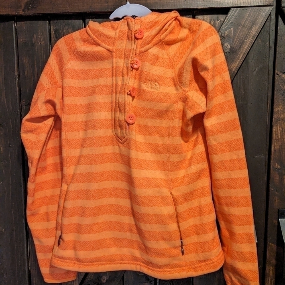 FALL ready, The North Face Size small Woman’s Orange Striped Fleece Lined Hoodie